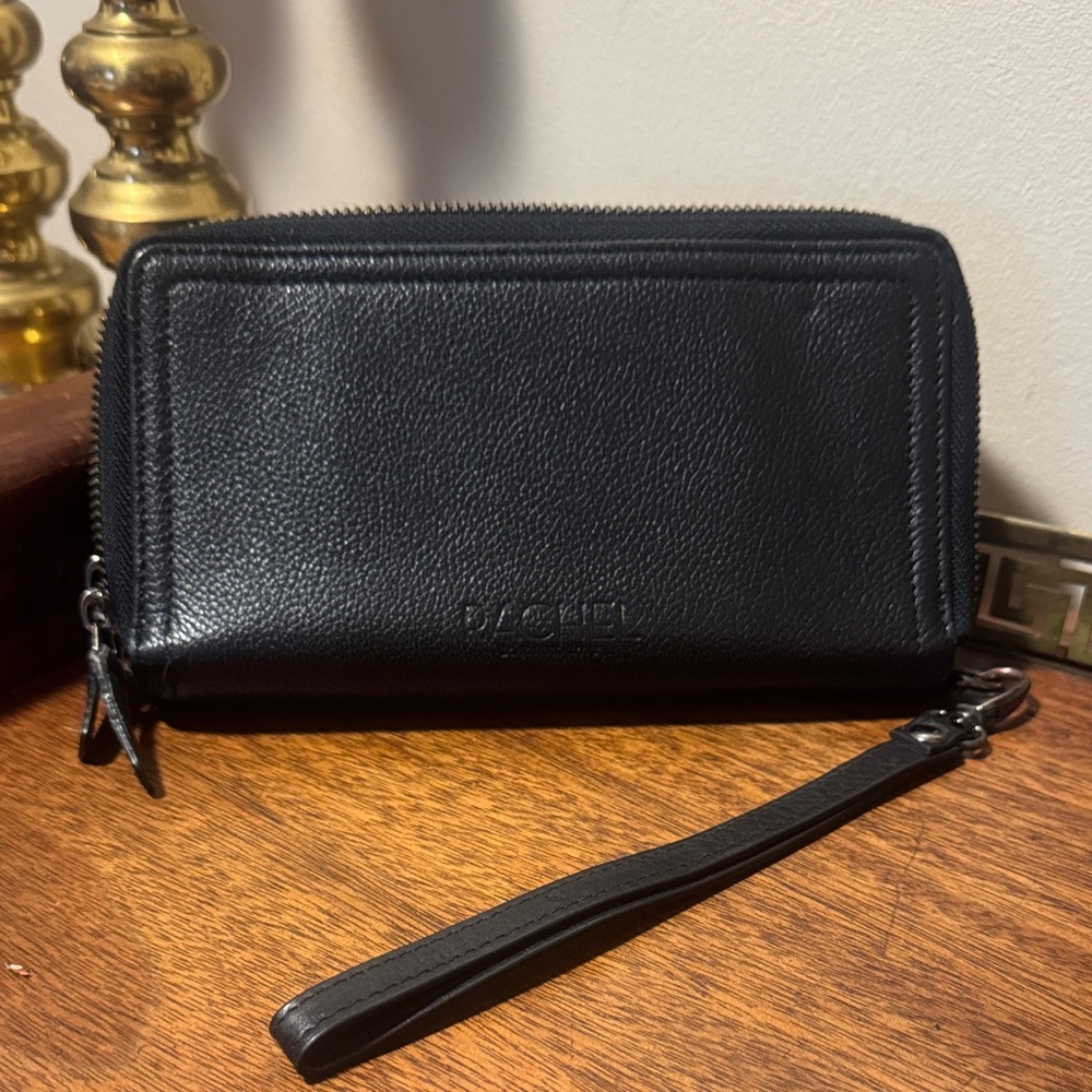 RACHEL Rachel Roy Textured Black Leather Wallet with pink interior